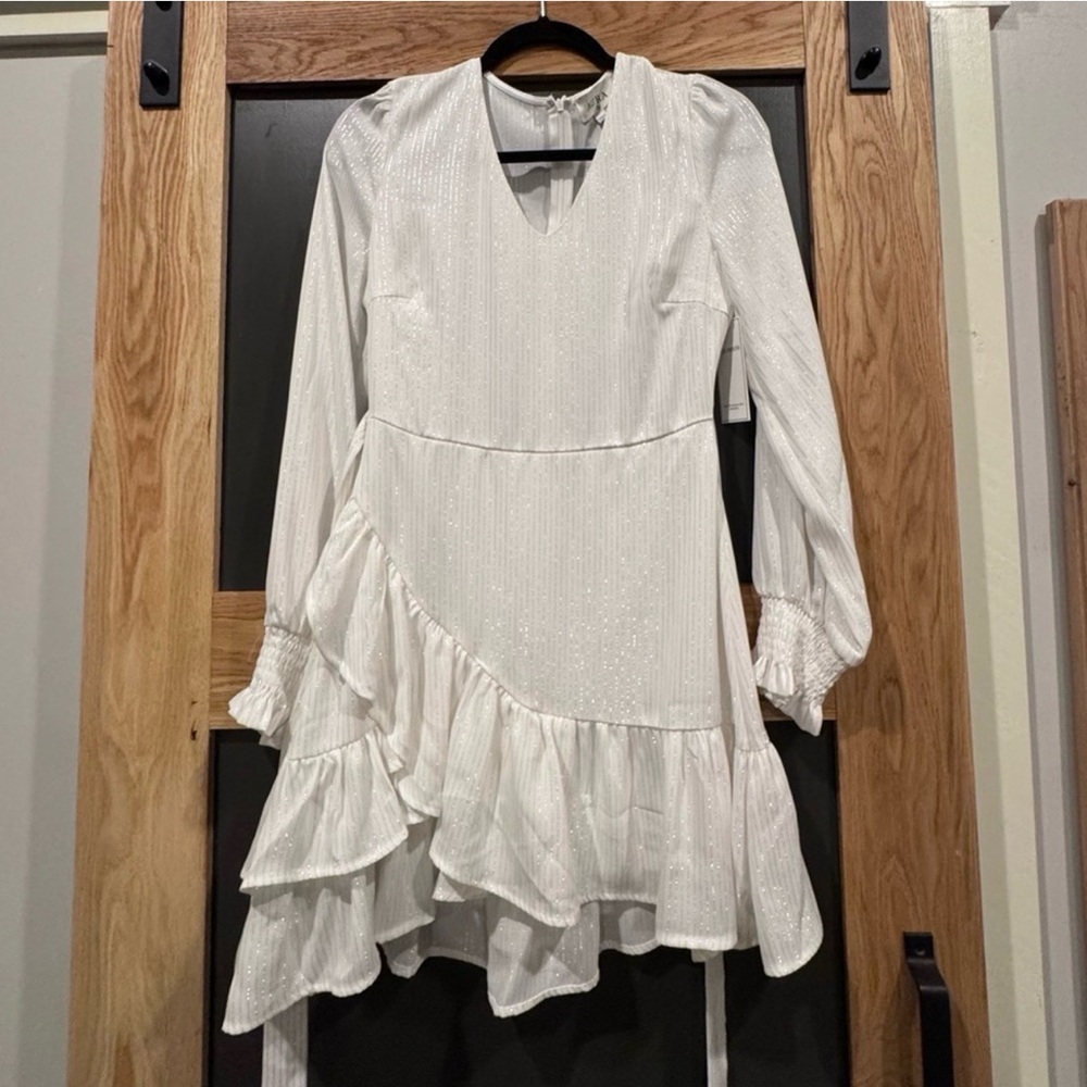 AURA Red Dress Boutique White Ruffle Mini Dress Long Sleeve Tie Waist NWT Small